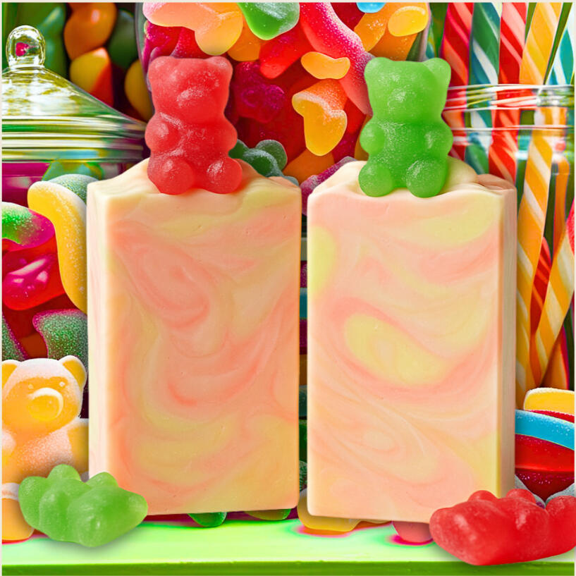 Translucent candy-colored bar with a playful gummy bear swirl