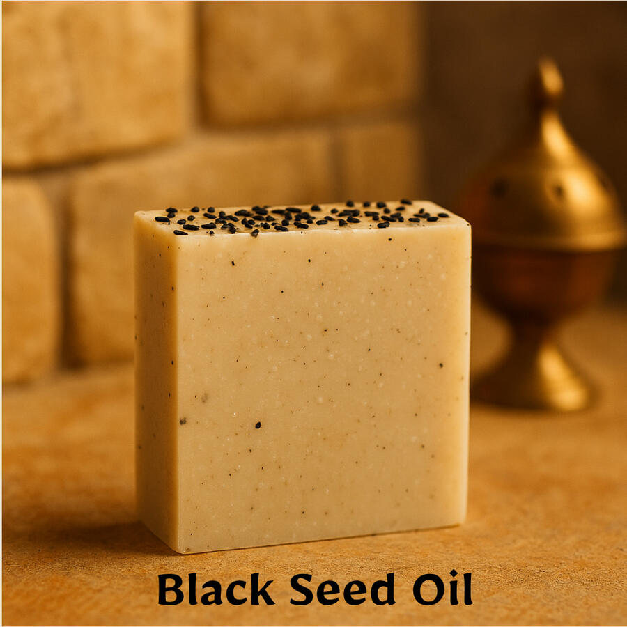 Earthy, amber bar infused with black seed oil and healing intent
