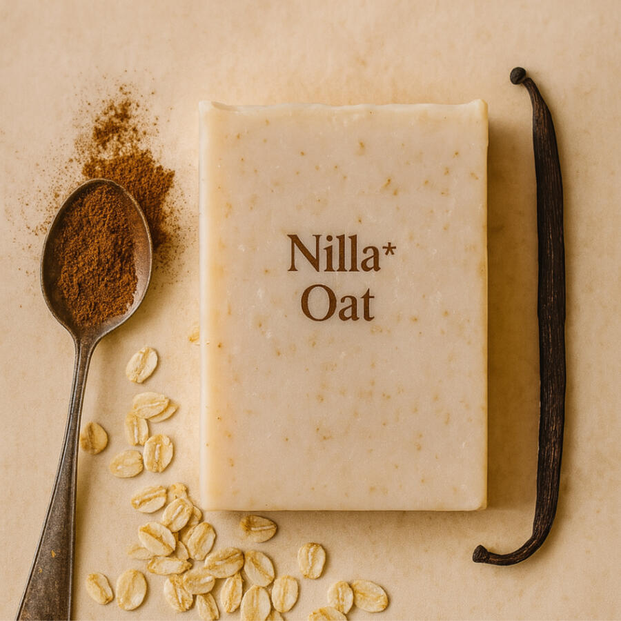 Creamy oatmeal soap bar with warm vanilla notes and a rustic swirl.