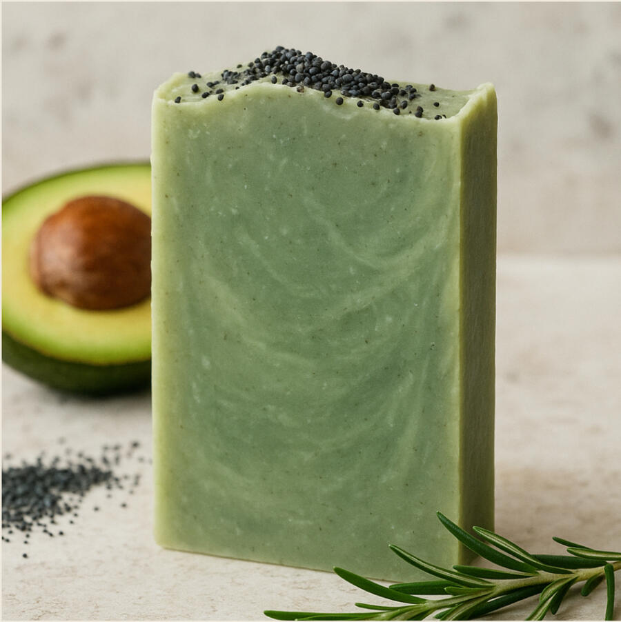 Avocado Scrub .Soap Pale green exfoliating bar with visible grit and natural oils and spirulina
