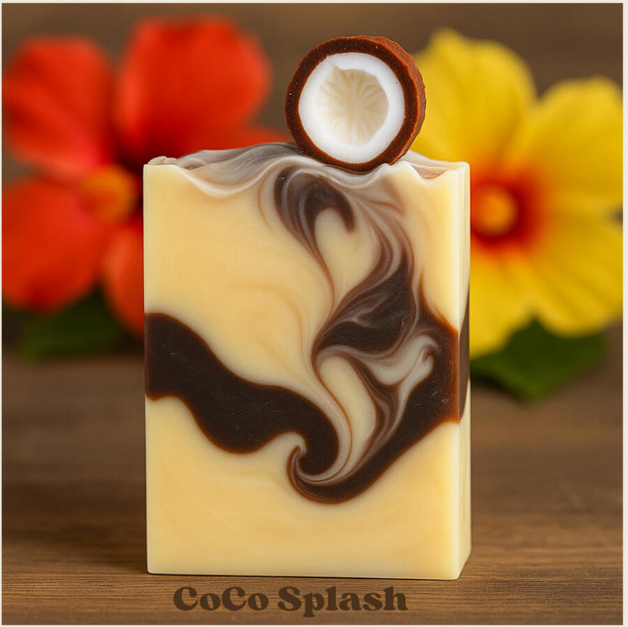 Tropical coconut-scented bar with a creamy coconut Brown-white swirl.