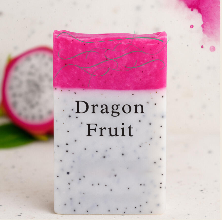 Vivid pink soap bar with black specks and tropical fruit vibes.