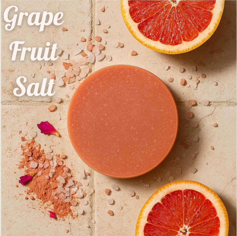 A handcrafted artisan soap bar swirled with soft pink and cream tones, topped with coarse pink Himalayan salt. This bar evokes the refreshing zing of grapefruit with a lightly exfoliating finish.