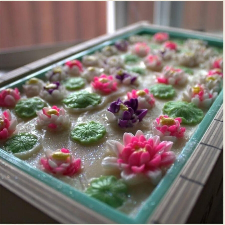 Soft marble soap topped with pink and white lotus flower embeds. A rectangular soap bar with delicate blush marbling and a carved lotus emblem on the front. Decorated with small, intricate water lily toppers in pink and white, evoking a serene and floral b